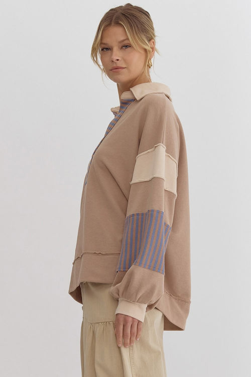 Entro Mocha, beige, and blue colorblock terry knit pullover top