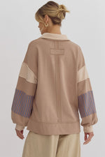 Entro Mocha, beige, and blue colorblock terry knit pullover top