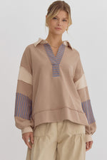 Entro Mocha, beige, and blue colorblock terry knit pullover top