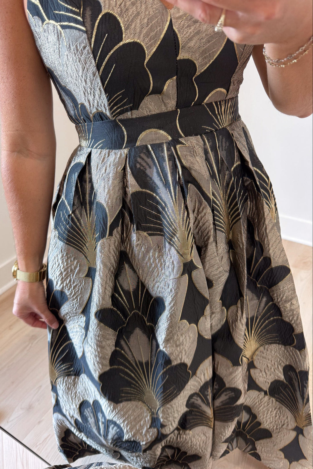 light mocha and black floral print with gold metallic accents sleeveless jacquard midi dress