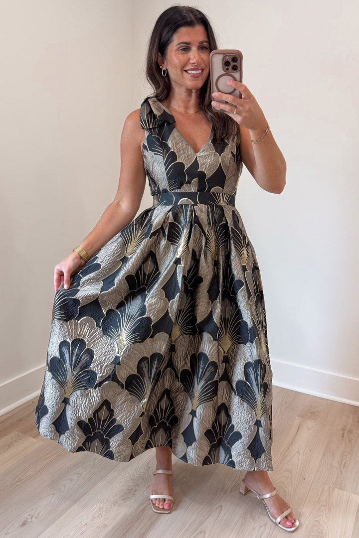 light mocha and black floral print with gold metallic accents sleeveless flowy midi dress