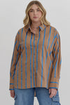 Entro Plus Mocha button down top with blue ribbon stripes throughout