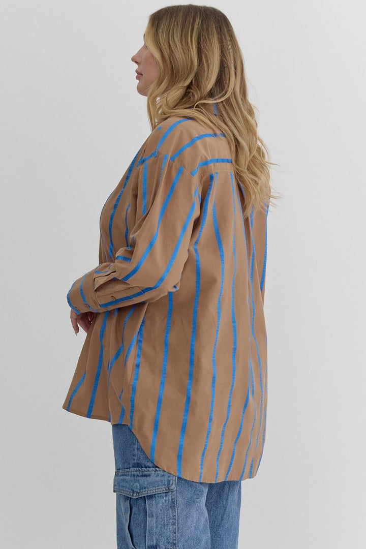 Entro Plus Mocha button down top with blue ribbon stripes throughout