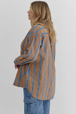 Entro Plus Mocha button down top with blue ribbon stripes throughout