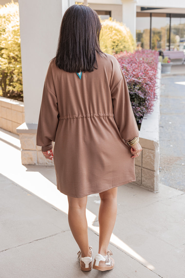 Women's mocha brown scuba knit dress with cinch waist by Jodifl showing full back view