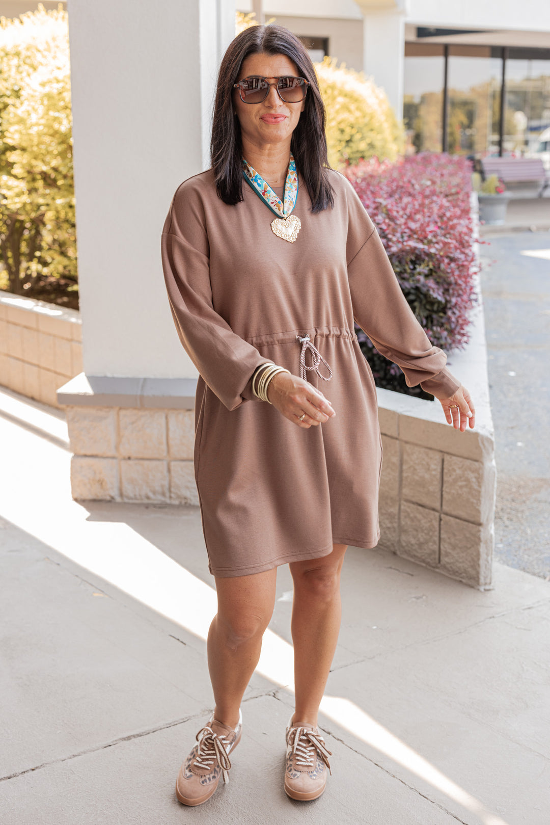 Women's mocha brown scuba knit dress with cinch waist by Jodifl, perfect for fall