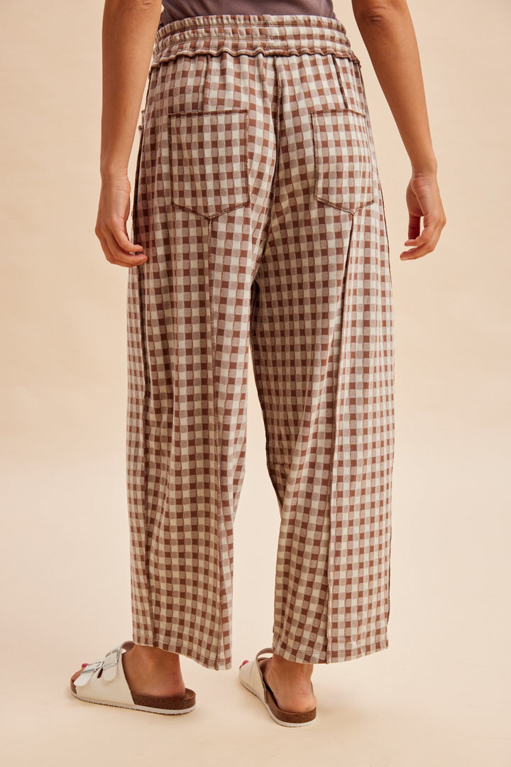 mocha brown gingham knit barrel pants