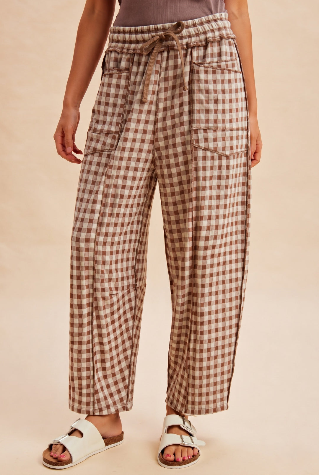 mocha brown gingham knit pants pockets