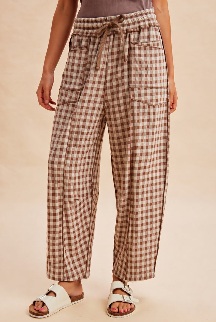 mocha brown gingham knit pants pockets