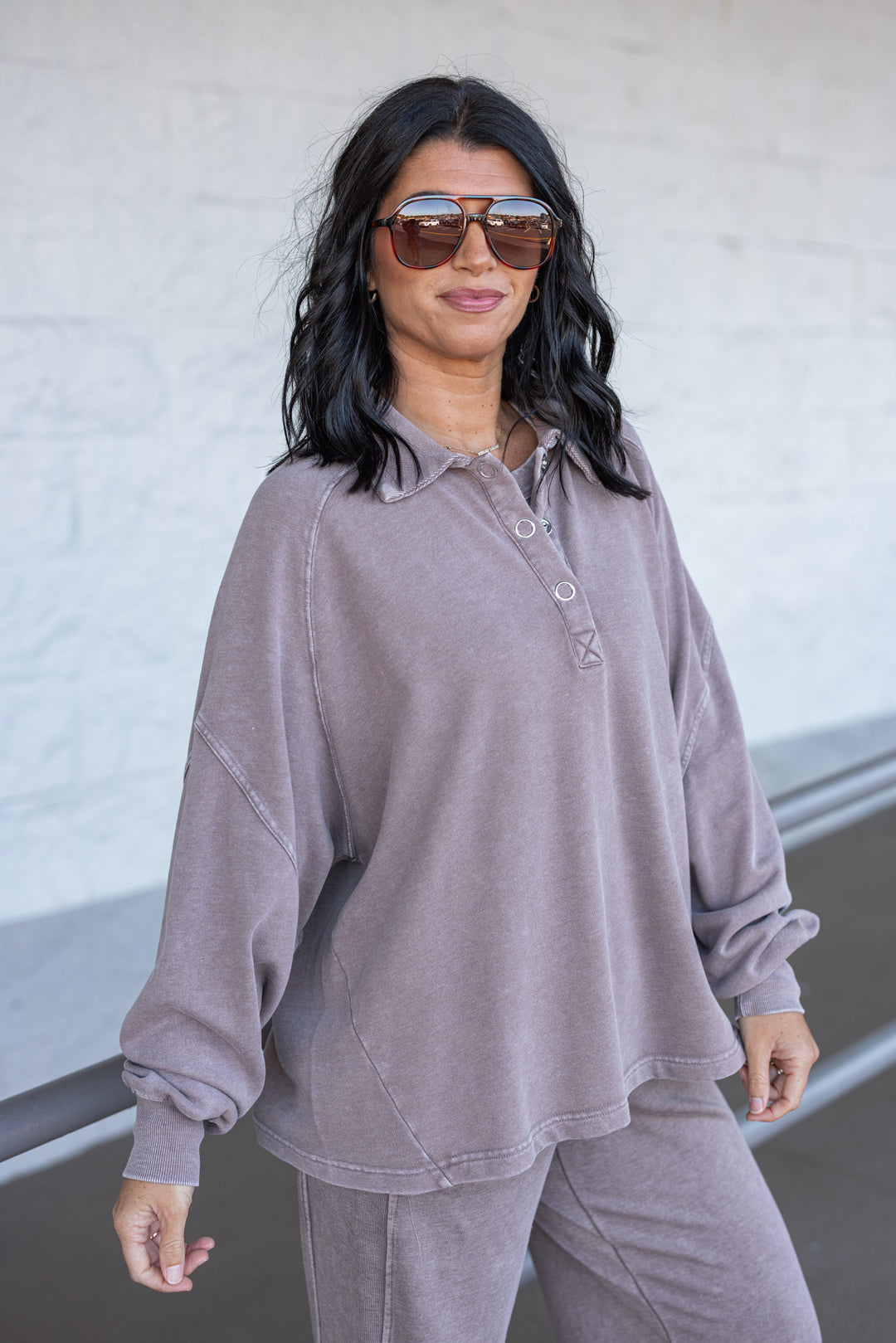 mocha brown button neckline pullover top side view