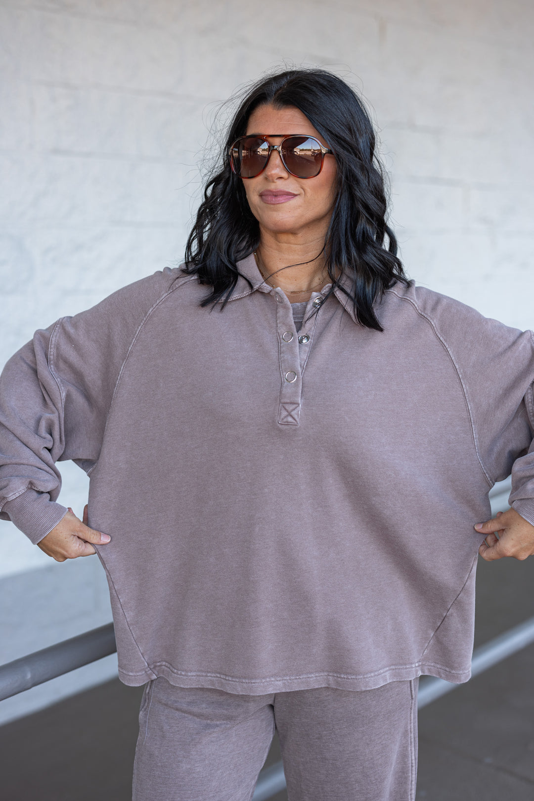 mocha brown button neckline pullover top fit pic