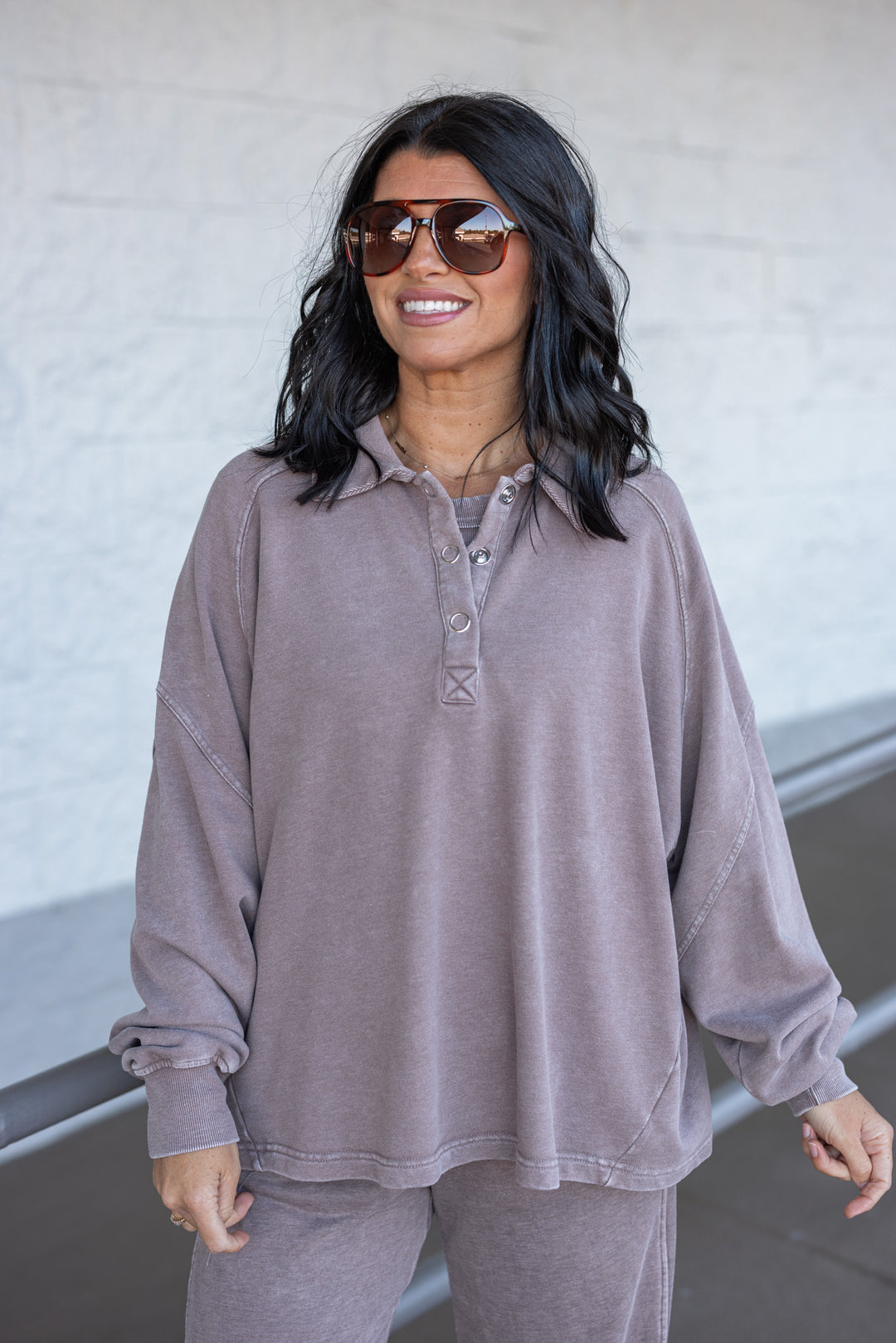 mocha brown button neckline pullover top