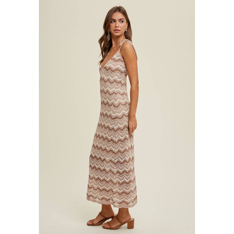 Wishlist Crochet maxi dress with mocha, taupe, and ivory striped chevron pattern 