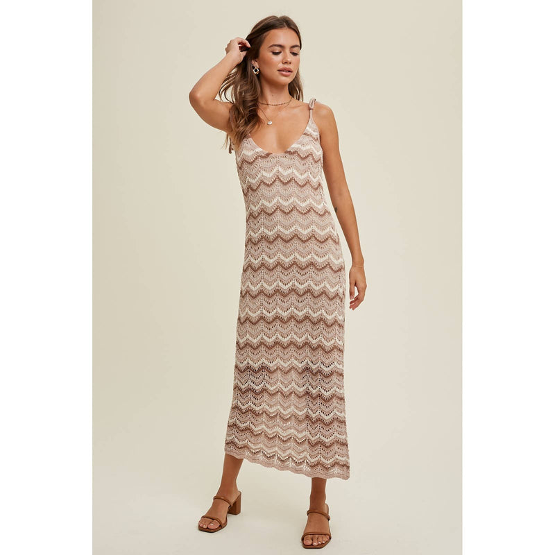 Wishlist Crochet maxi dress with mocha, taupe, and ivory striped chevron pattern 