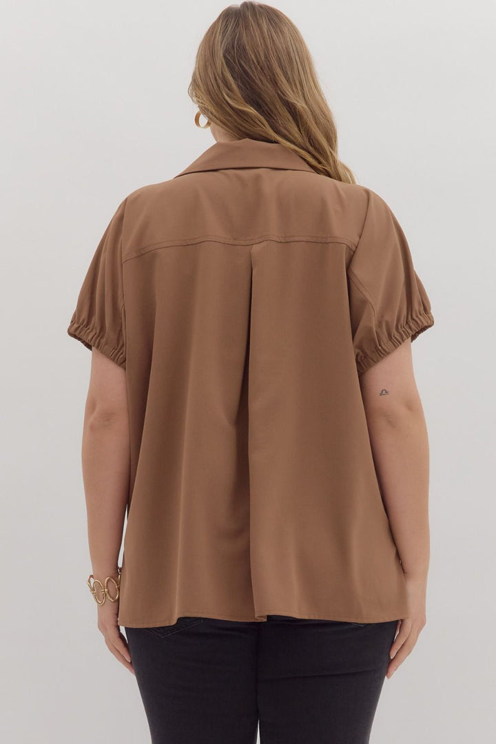 Women's plus size mocha short sleeve top by Entro showing back view