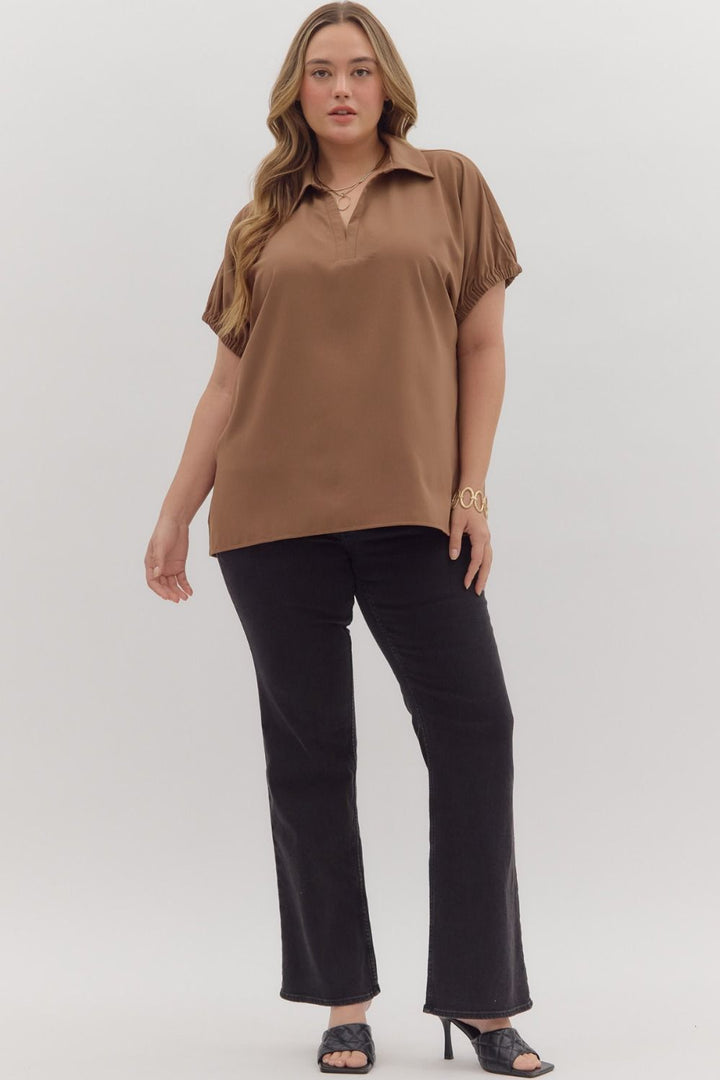 Women's plus size mocha short sleeve top by Entro showing full front view
