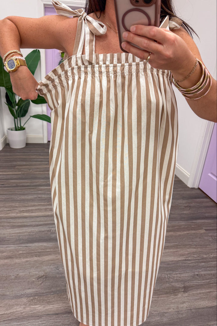 mocha and cream striped sleeveless ruffle trim square neckline midi dress