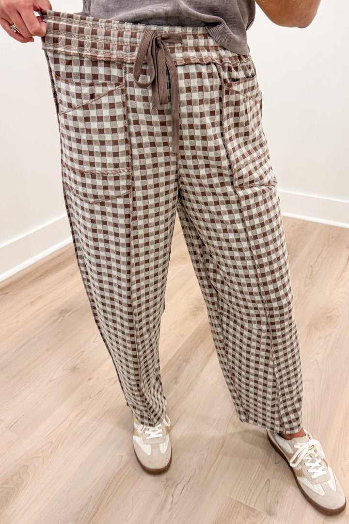 mocha brown and ivory gingham checkered print elastic waist knit barrel leg pants