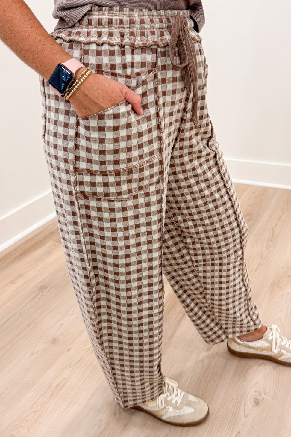 mocha brown and ivory gingham checkered print knit barrel leg pants with layered front pockets