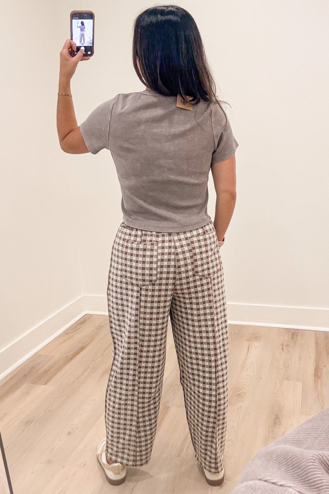 mocha brown and ivory gingham checkered print knit barrel leg pants with back pockets