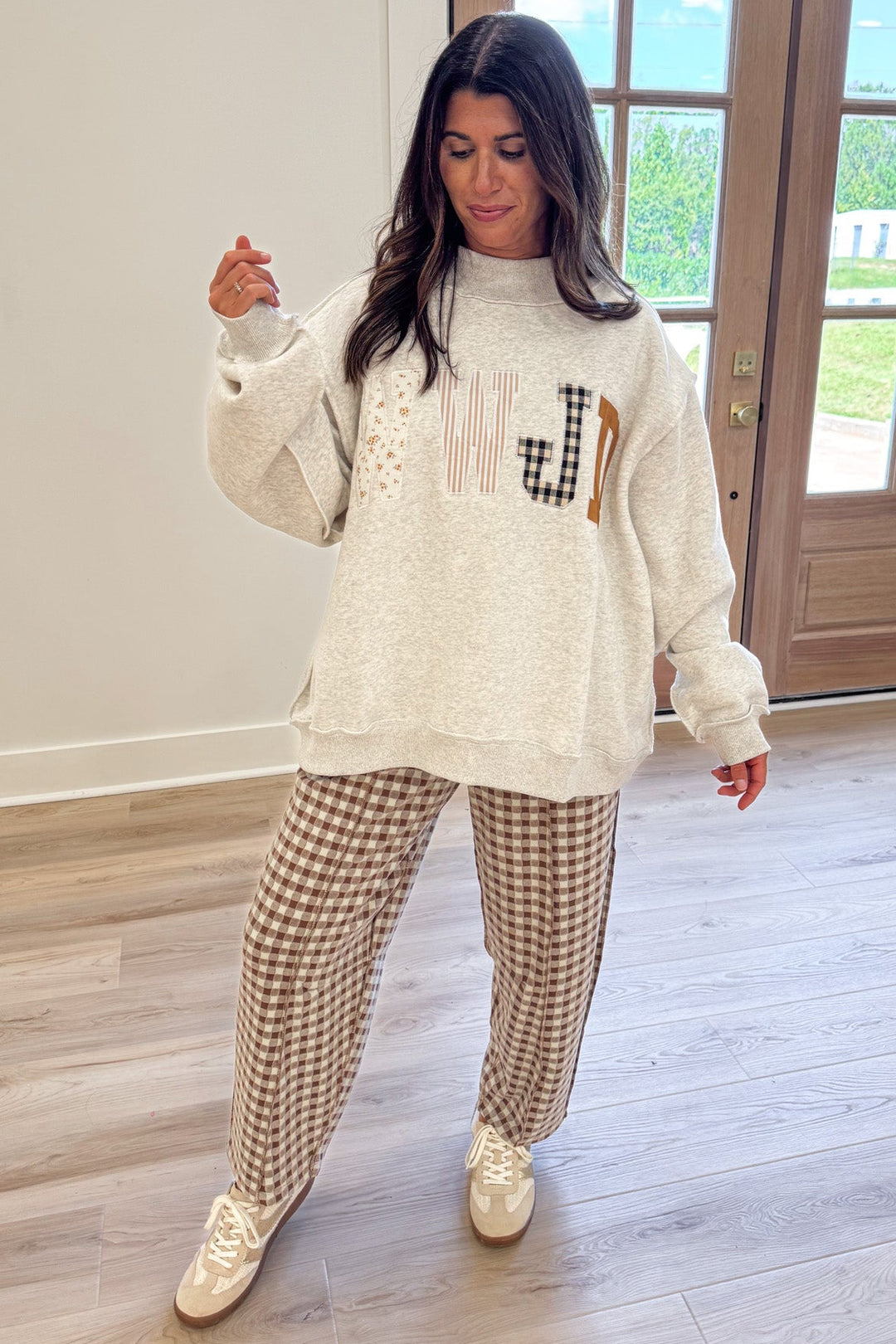 mocha brown and ivory gingham checkered print knit barrel leg pants