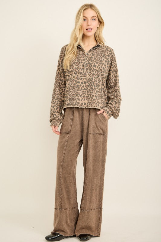 Women&#39;s washed mocha knit quarter zip pullover top in leopard print by j.her showing full front view