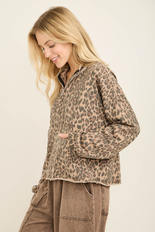 Women's washed mocha knit quarter zip pullover top in leopard print by j.her showing side view