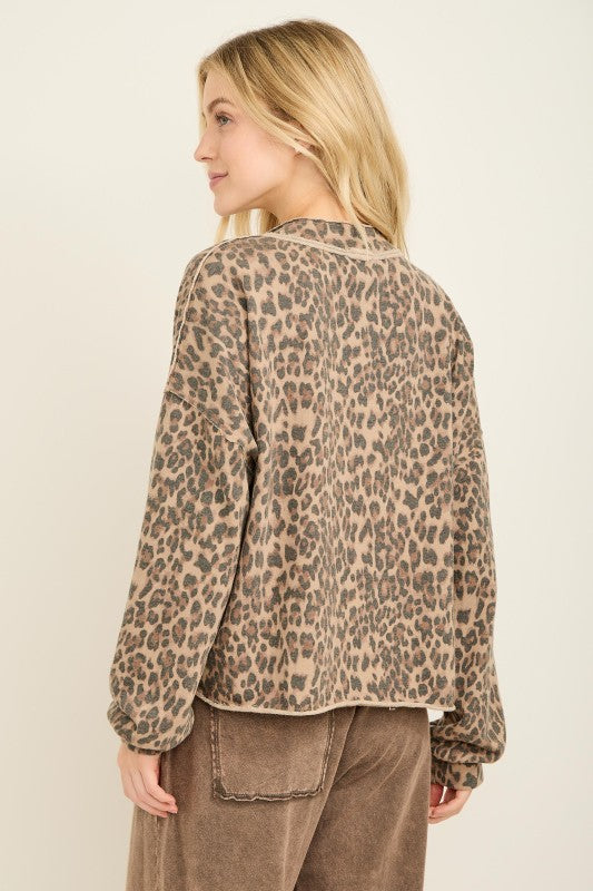 Women's washed mocha knit quarter zip pullover top in leopard print by j.her showing back view
