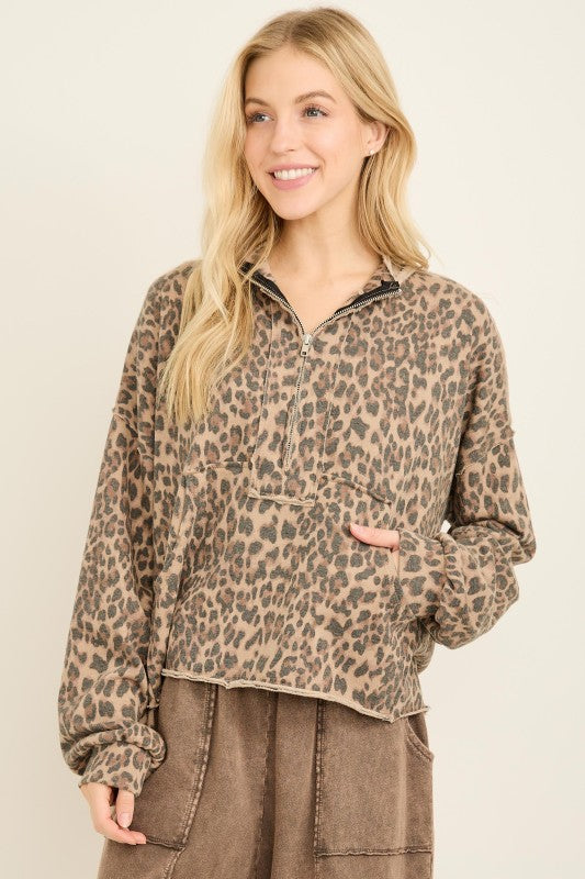 Women&#39;s washed mocha and black terry knit quarter zip pullover top in leopard print by j.her