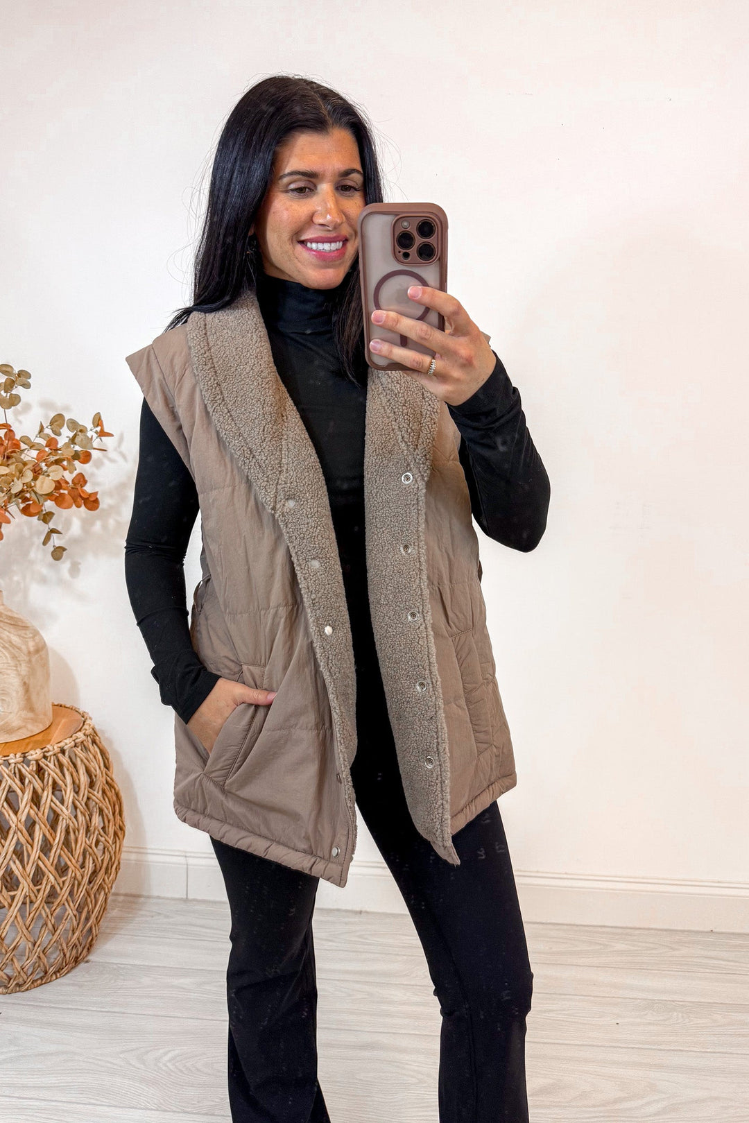 mocha reversible puffer sherpa vest