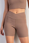 Rae Mode Ribbed mocha brown high waisted biker shorts with criss cross waistband