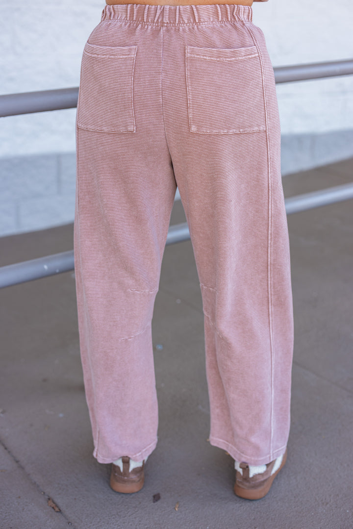 Women's mineral washed light mocha ribbed knit barrel pants by Easel showing back view