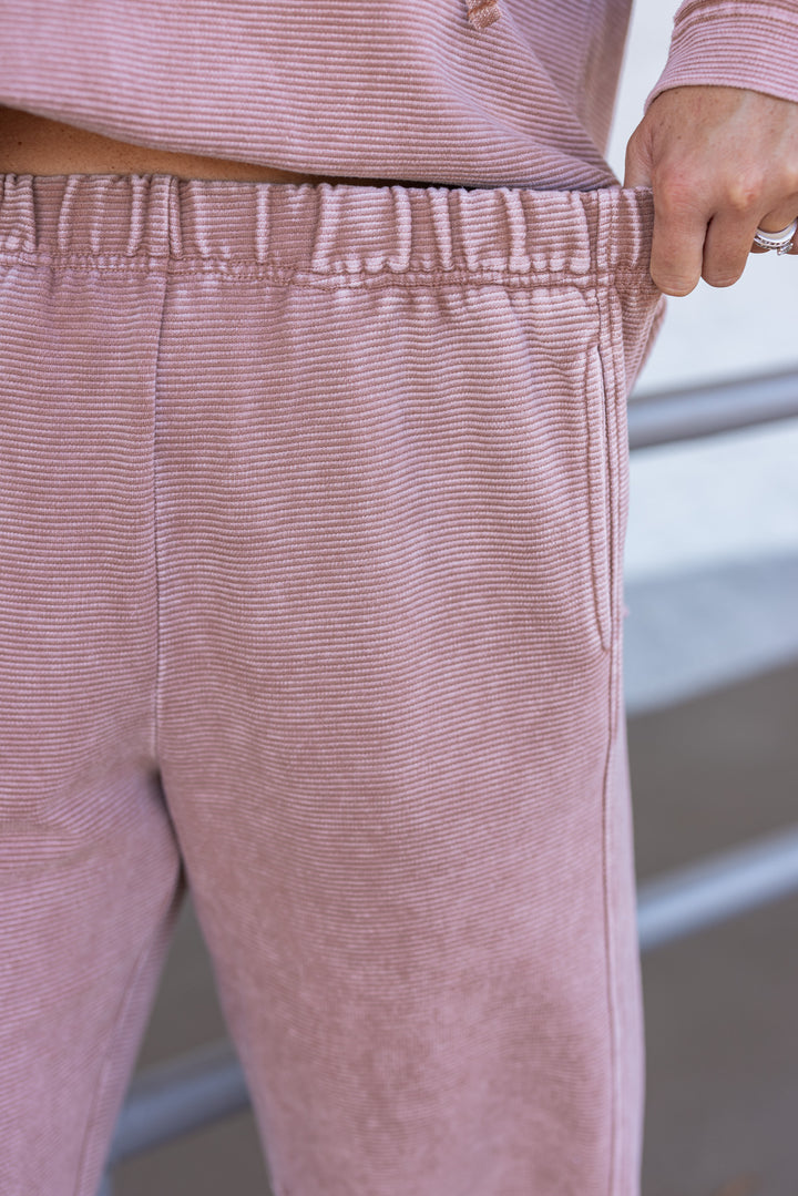 Women's mineral washed light mocha ribbed knit barrel pants by Easel showing elastic waistband