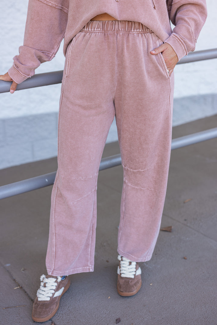 Women's mineral washed light mocha ribbed knit barrel pants by Easel