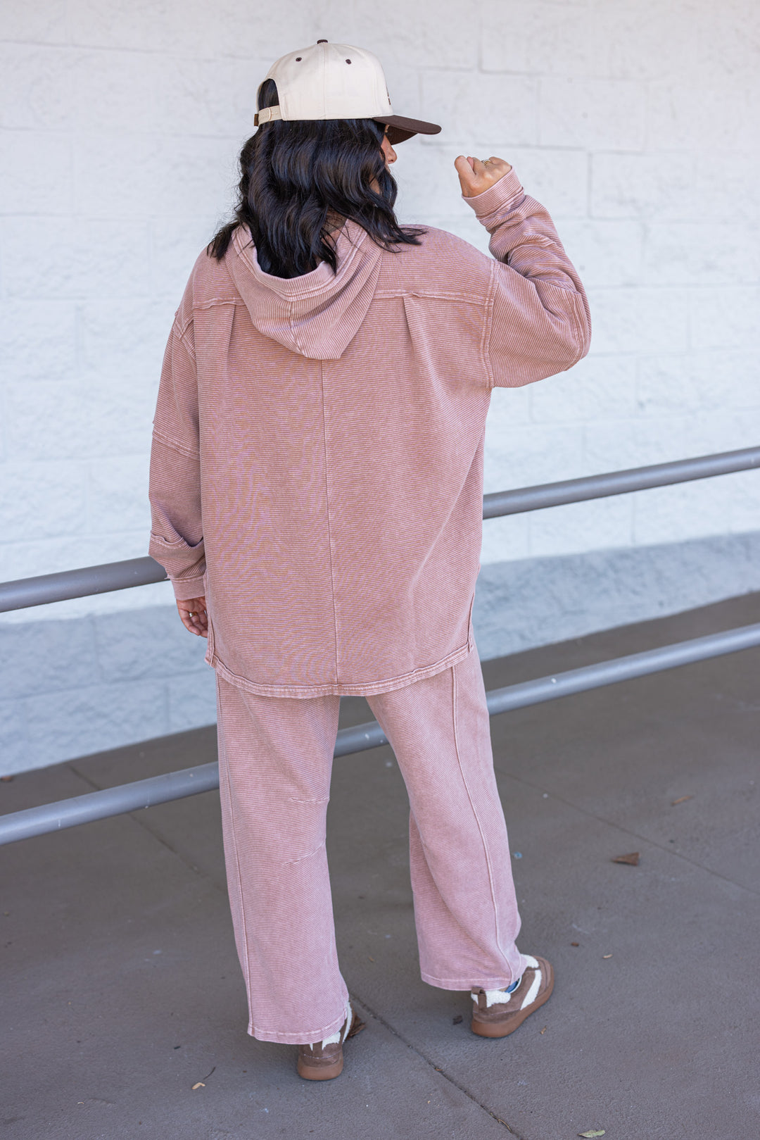 Women's mineral washed light mocha ribbed knit hooded pullover by Easel showing full back view