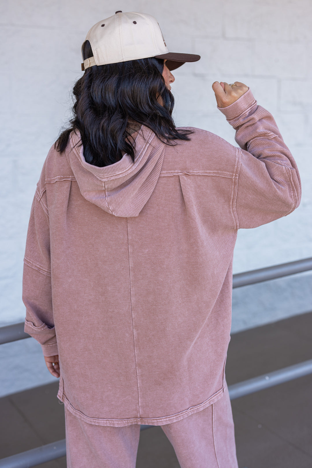 Women's mineral washed light mocha ribbed knit hooded pullover by Easel showing up close back view