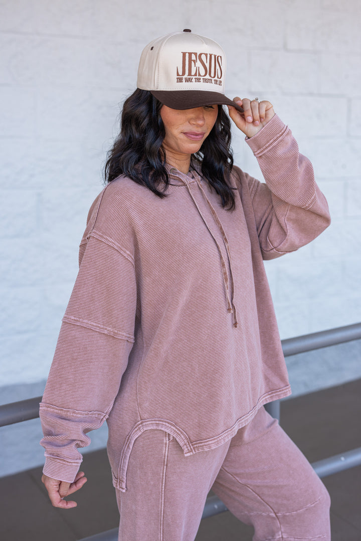 Women's mineral washed light mocha ribbed knit hooded pullover by Easel showing side view