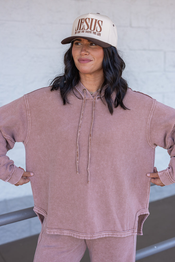 Women's mineral washed light mocha ribbed knit hooded pullover by Easel showing loose relaxed fit