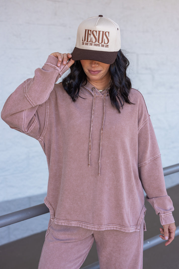 Women's mineral washed light mocha ribbed knit hooded pullover by Easel