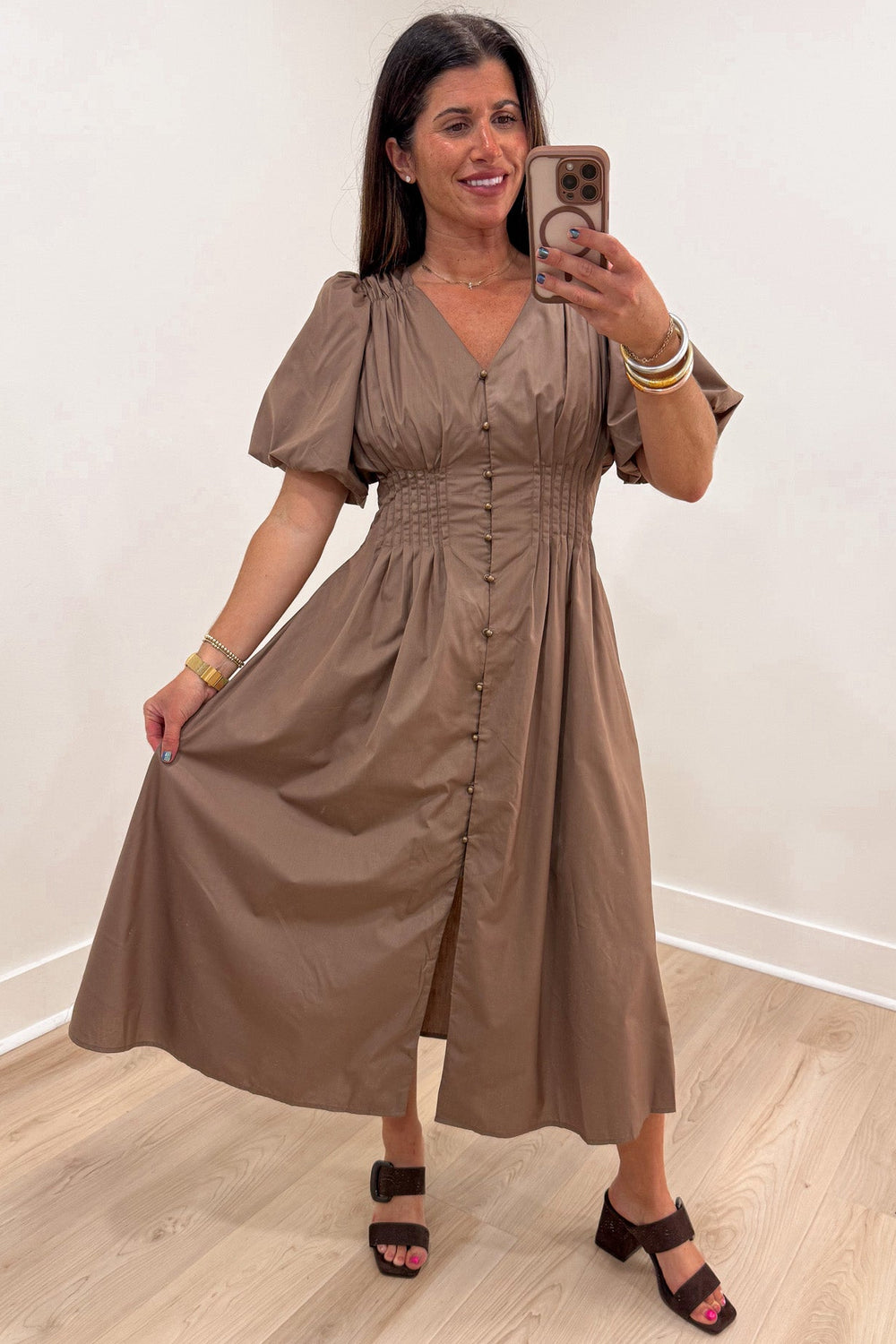 solid mocha brown puff sleeve button front closure v neckline flowy midi dress