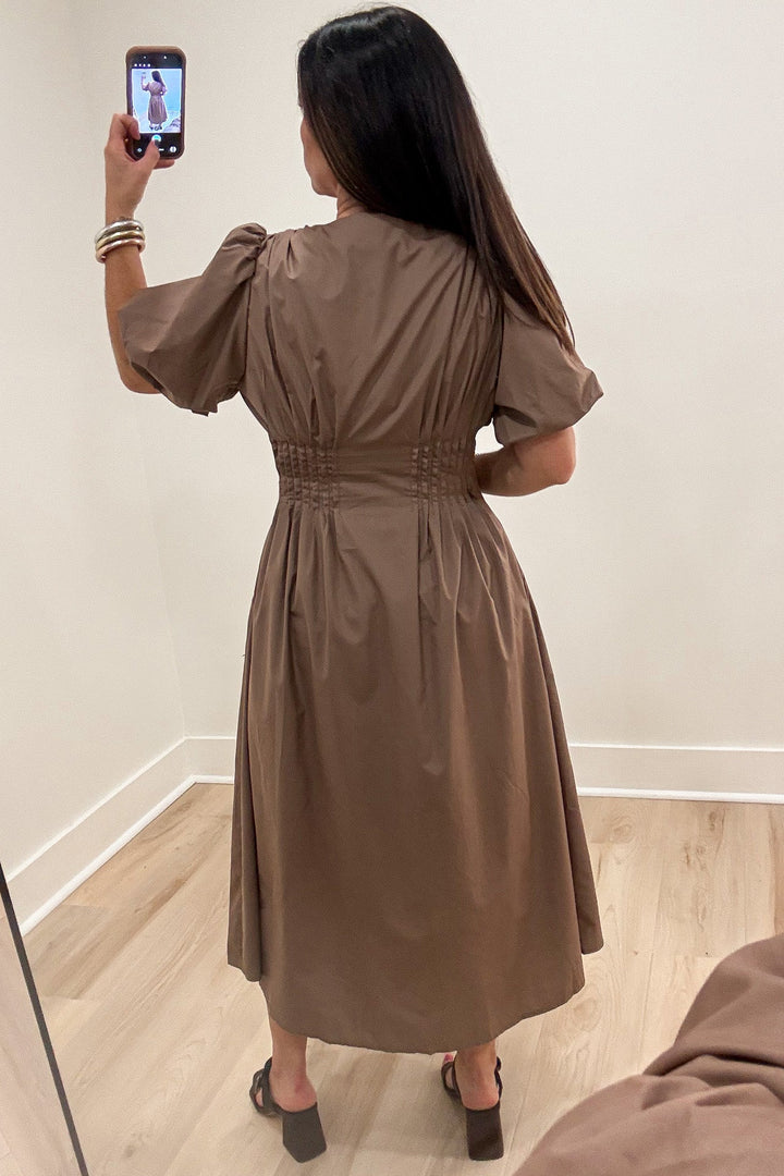 solid mocha brown puff sleeve button front closure v neckline midi dress with gathered pintuck details