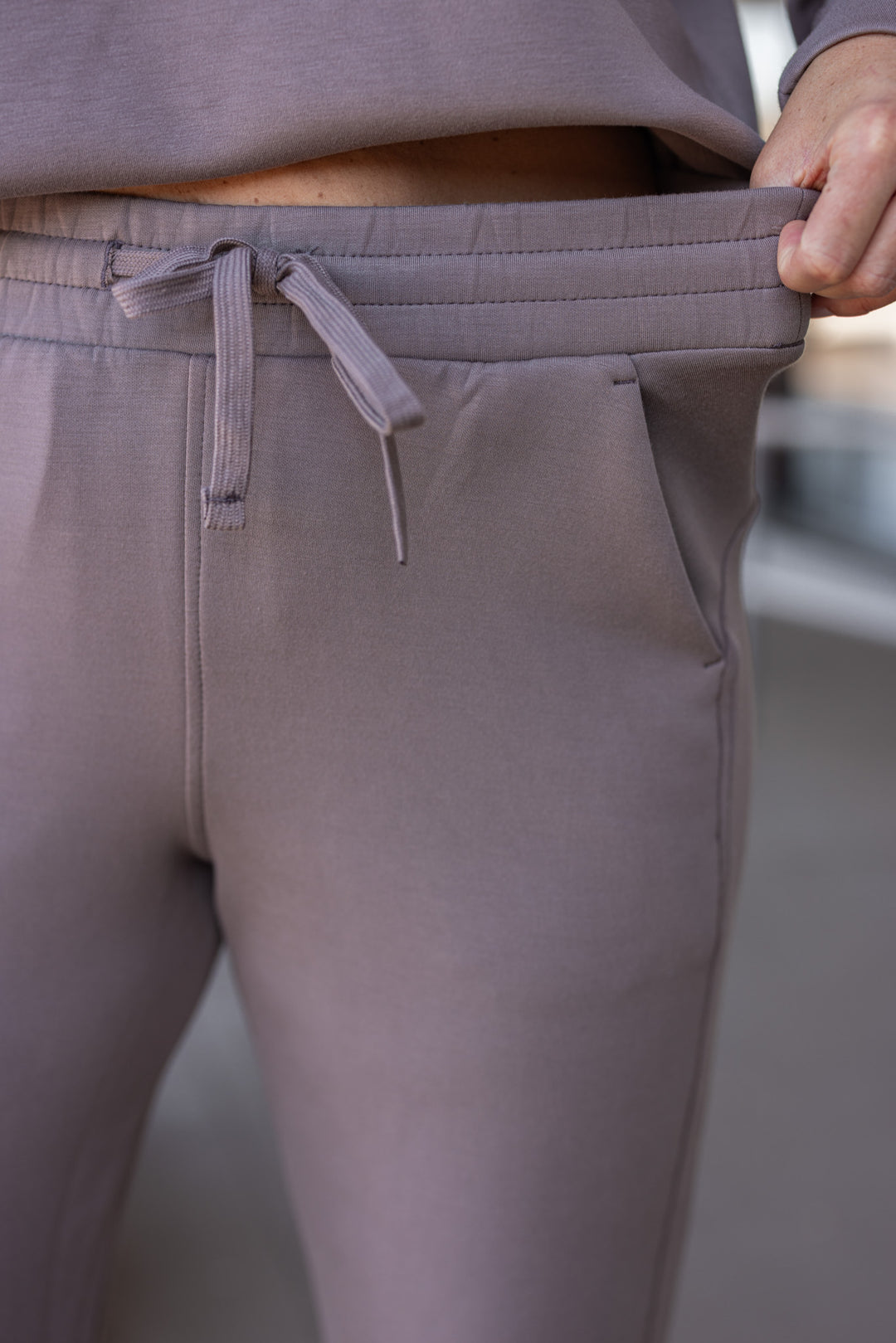 Mocha scuba knit straight leg elastic waist pants by Rae Mode showing elastic waistband