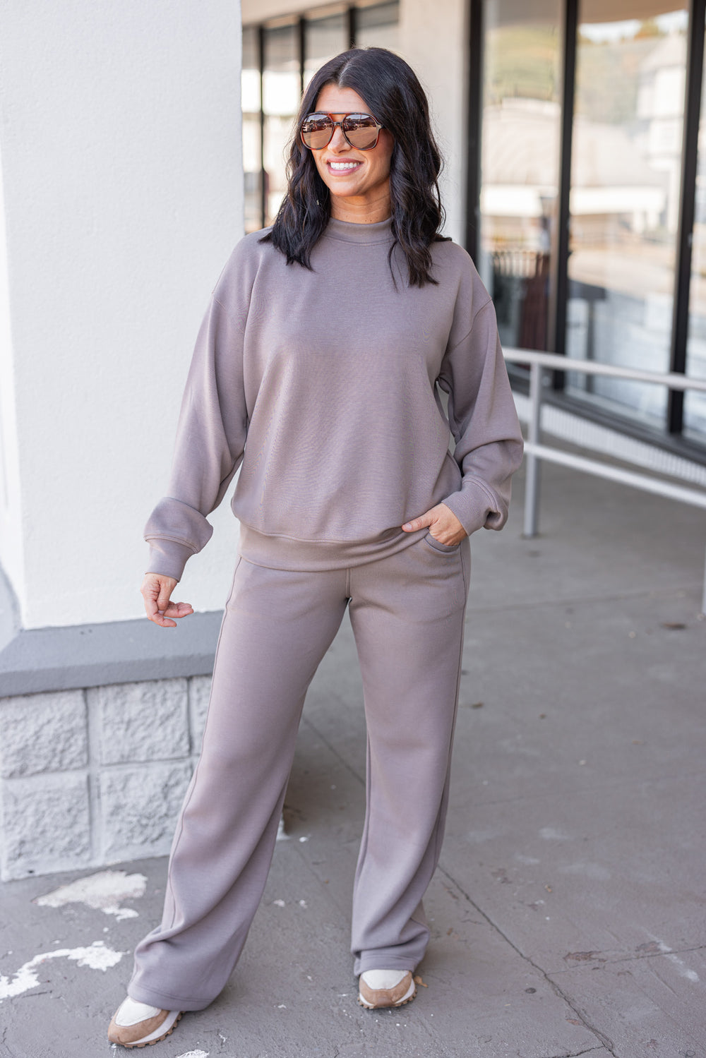 Mocha scuba knit straight leg elastic waist pants by Rae Mode showing full front view