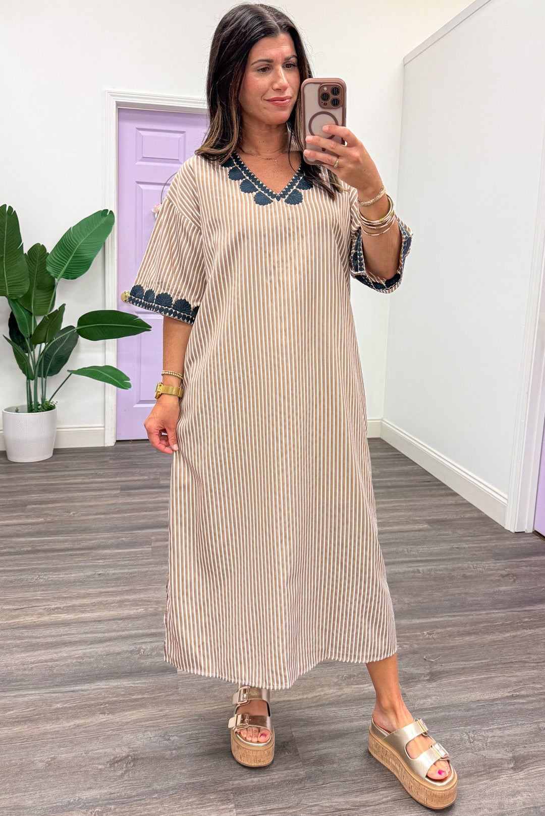 mocha and white striped with navy blue embroidered trim details short sleeve belted midi dress