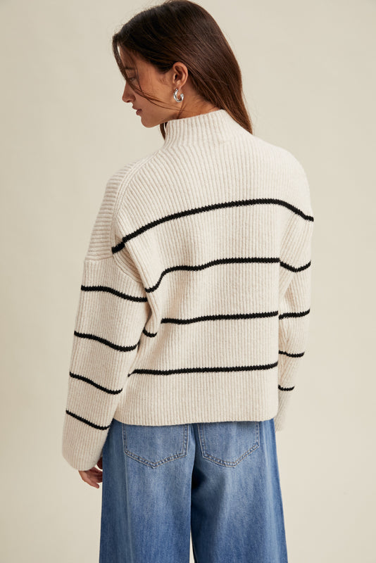ribbed striped mock neck black ivory sweater back