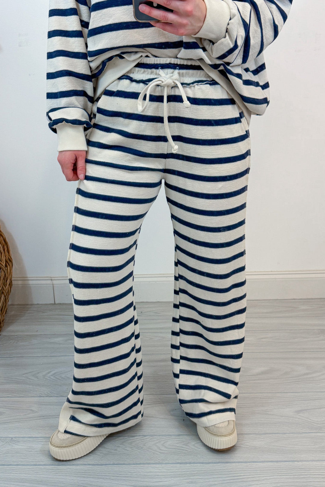 mock neck navy stripe matching top and pants set details