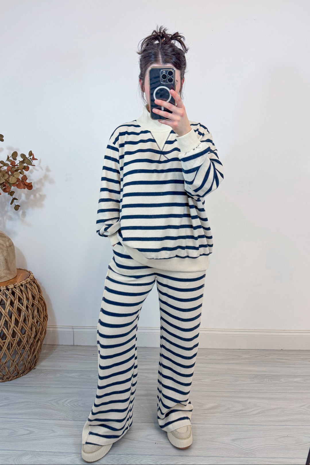 mock neck navy stripe matching top and pants set pockets