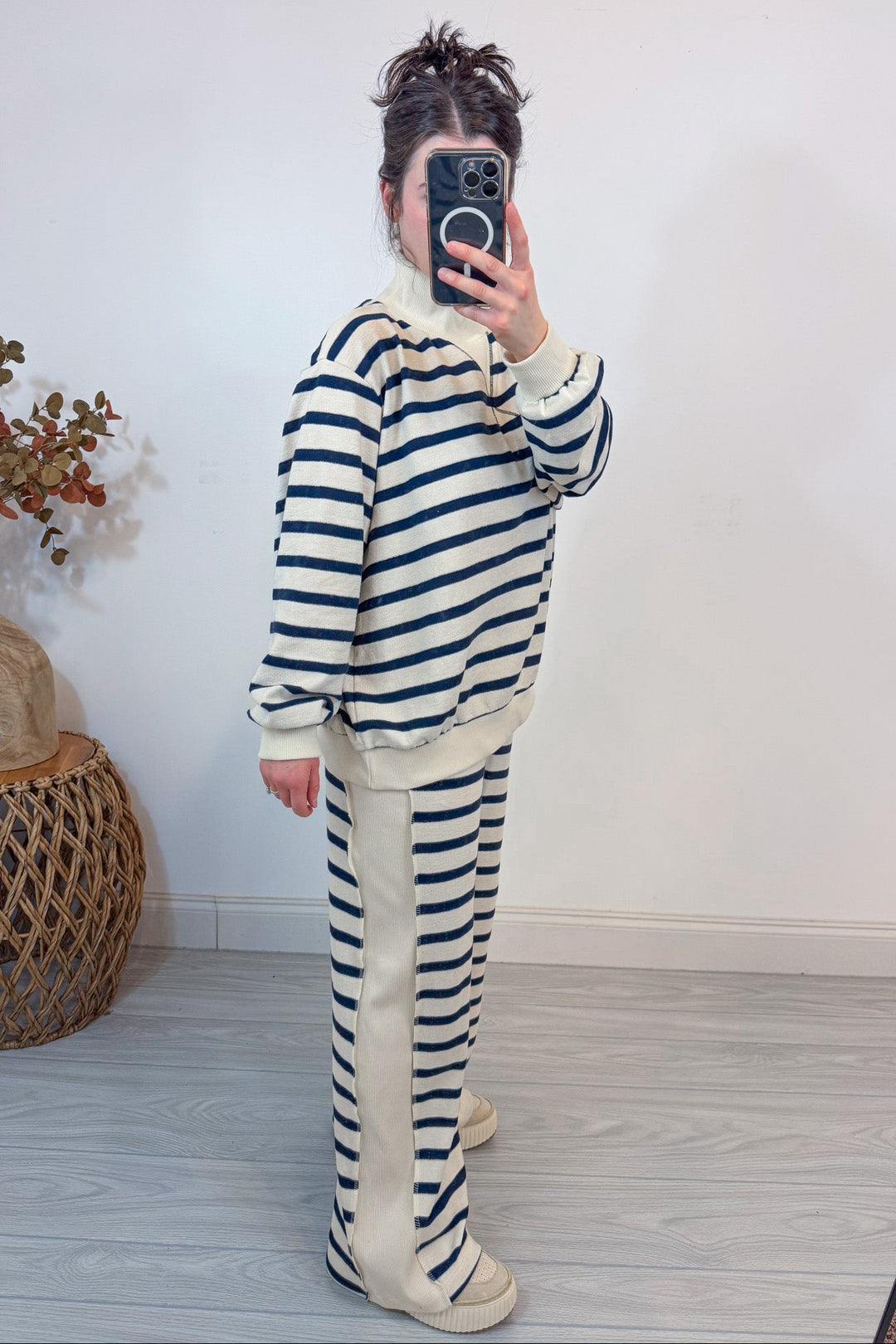 mock neck navy stripe matching top and pants set side