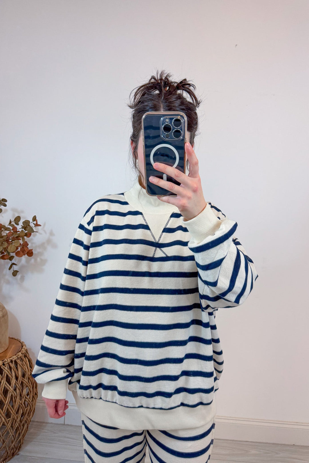 mock neck navy stripe matching top and pants set only