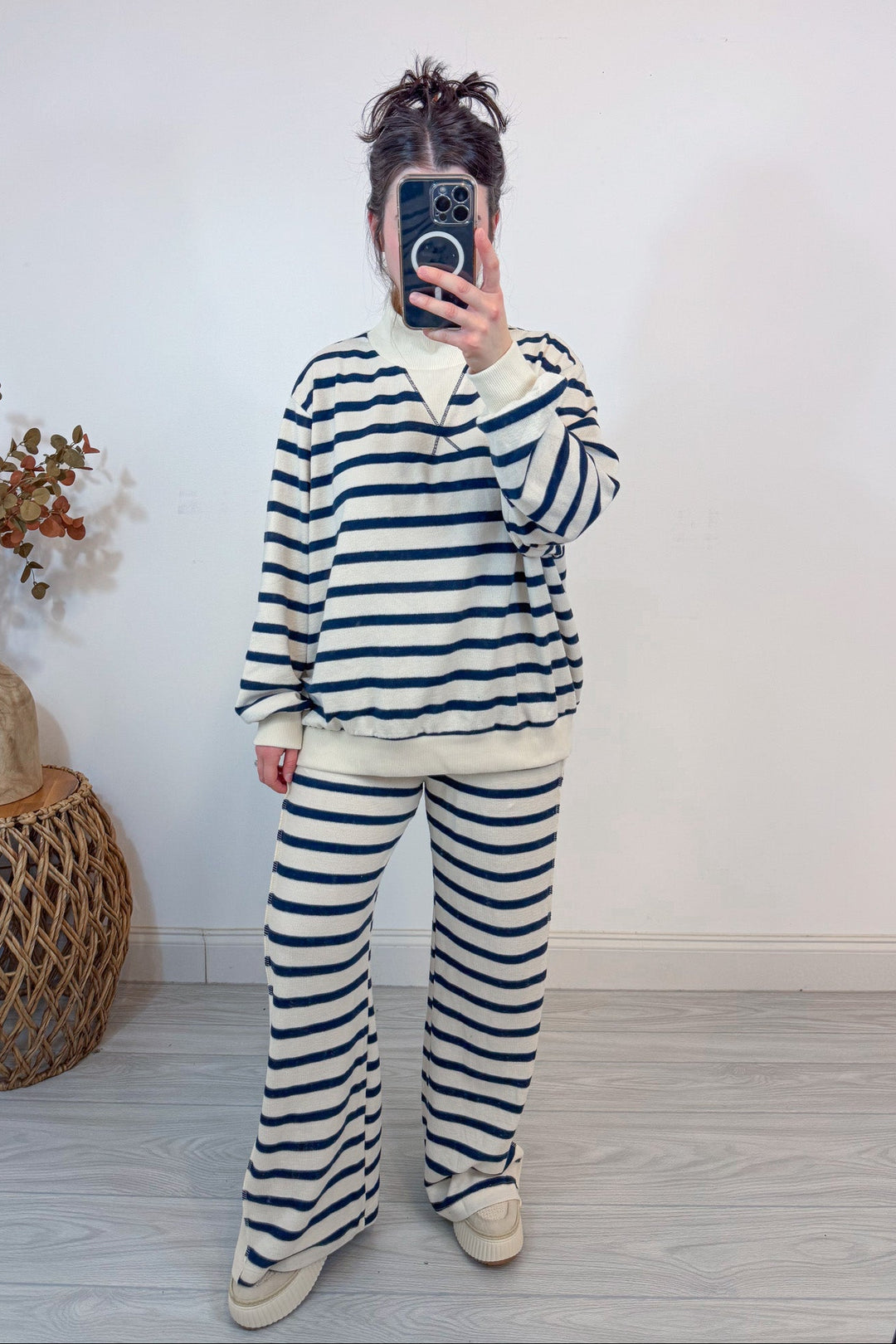 mock neck navy stripe matching top and pants set full